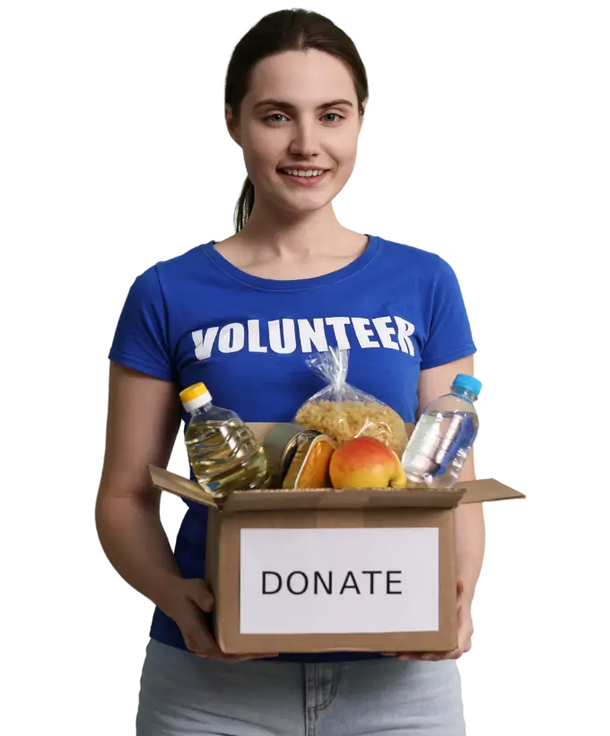 Young volunteer holding a food donation box as part of Helping Hands Society community program