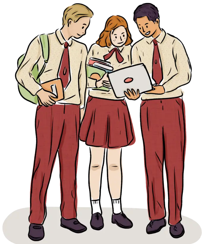 Youth in school uniform with books and laptop supported by education and mentoring programs